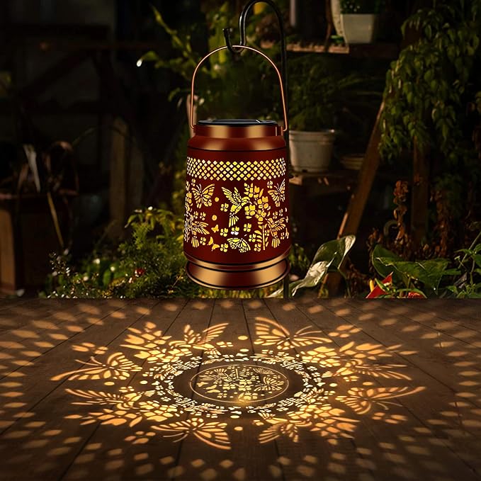 KY&BOSAM Hummingbird & Butterfly Solar Lanterns Outdoor Garden Decor | Retro Appearance,Old Gold Color Metal Hanging Solar Lights Gifts for Women Mom Grandma Outside for Yard,Patio,Backyard,Porch