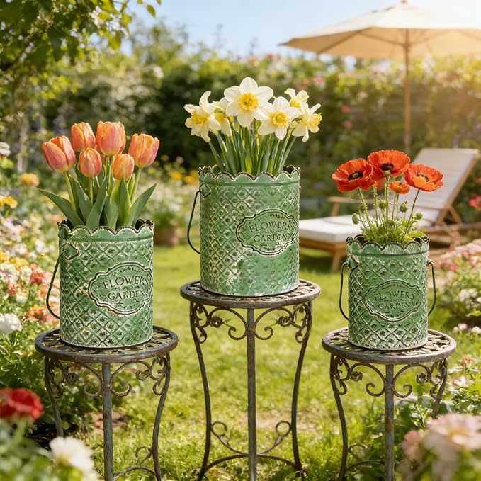 Set of 3 Vintage Distressed Metal Planter Rustic "Flowers and Garden" Embossed Flower Pots with Scalloped Edge & Handle Farmhouse Decorative Floral Buckets for Dried Flowers, Home Garden Decor (Green)