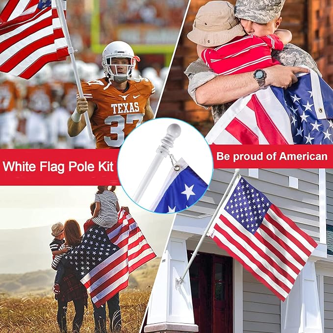 BONWIN White Flag Pole Kit for Outside House, 7FT Thickened Stainless Steel Wall Mount Flag Pole for 3x5'/ 4x6' Flag, 1" Anti-Wrap Spinning Flag Ring Clips & 2-Position Bracket Holder for Porch Yard