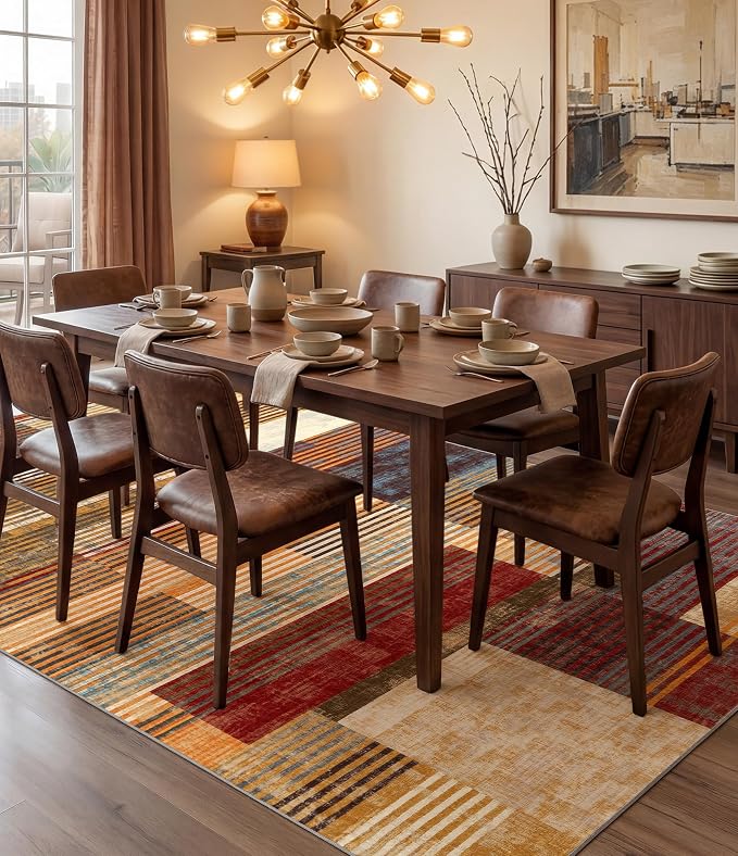 Brown Area Rug 6x9, Farmhouse Rugs Washable,Vintage Burgundy Carpets for Bedroom,Burnt Orange Area Rug Non Slip,Geometric Boho Rug for Kitchen,Dining Room