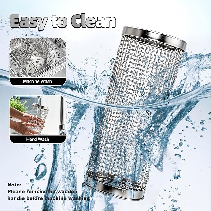 Rolling Grill Basket (2PCS), 304 Stainless Steel Grill Baskets with Removable Wooden Handles, BBQ Grilling Accessories for Vegetables, Camping, Outdoor Cooking,Ideal Gifts for Father's Day