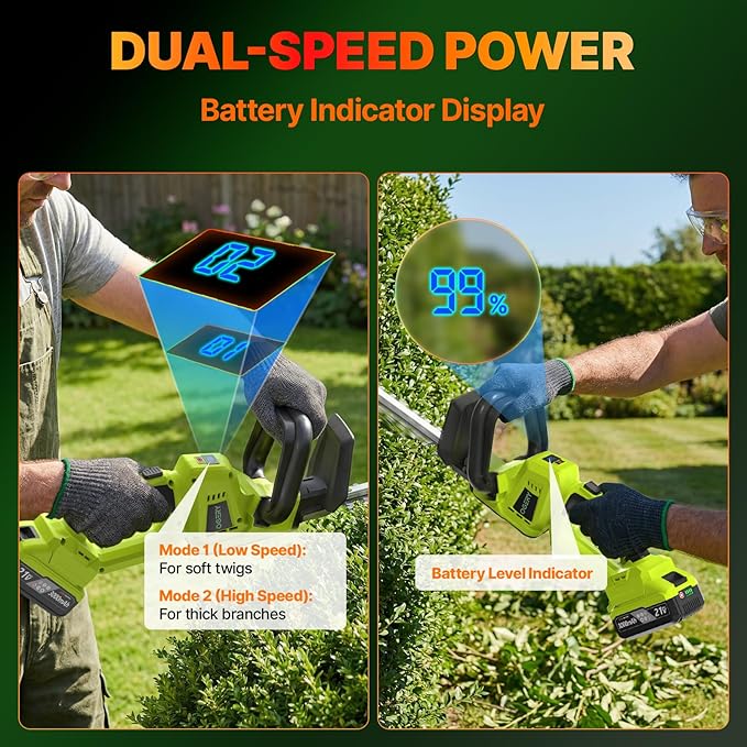 OGERY 20-Inch Brushless Cordless Hedge Trimmer with 2×3.0Ah Battery, 21V Electric Bush & Shrub Trimmer with Display, 2-Speed Control, 180° Rotatable Handle, Dual-Safety Switch for Garden Yard Care