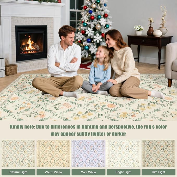 PLHXFR Area Rug Living Room: 5x7 Floral Washable Boho Carpet Beige Multi | For Bedroom Dining Room Farmhouse Nursery Hallway,Vintage Floral,Machine washable,Non Slip,Stain Resistant,Large Indoor