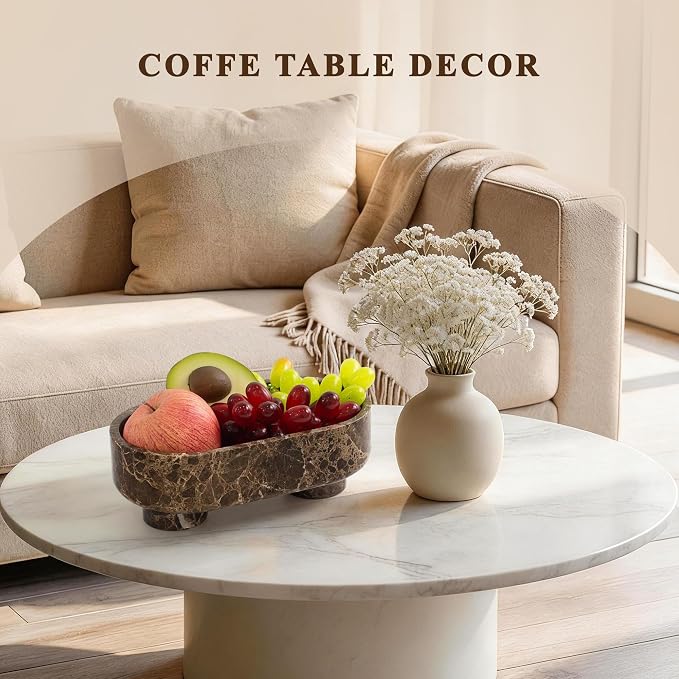LIN CHUAN Natural Oval Marble Fruit Bowl for Kitchen Counter | Two-Legged Decorative Pedestal Bowl for Dining Table Decor, 10" Luxury Entryway Catchall Purse Bowl - Dark Brown