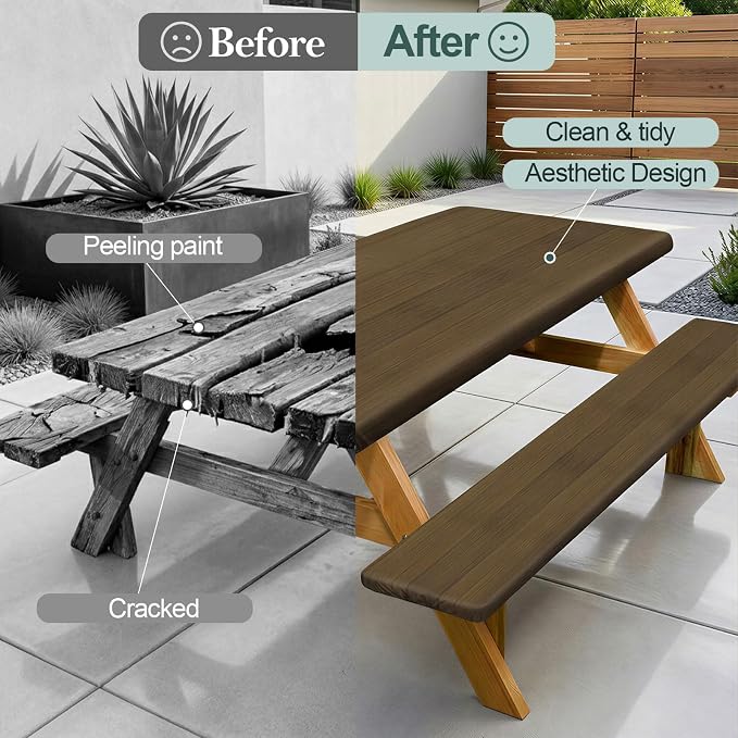 Play Tailor Picnic Table Cover with Bench Covers Camping Essentials Waterproof Windproof Camping Tablecloth with Drawstring Bag, Fitted Rectangle Tables and Seats, 72in, Dark Brown