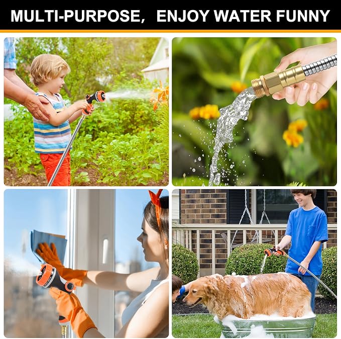 150 ft Garden Hose, Metal Water Hose 100 ft with 10 Function Nozzle & 3/4 Copper Fitting, Heavy Duty & Flexible, Kink Free & Lightweight for Yard, Outdoor, Lawn, Patio & Car