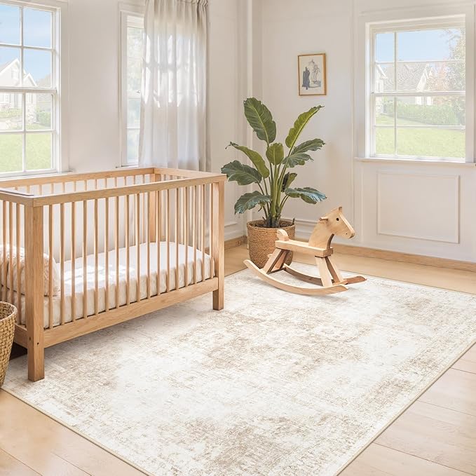 Area Rug 4x6 Washable Rug, Vintage Boho Medallion Rugs Non-Slip Soft Low Pile Distressed Rug Indoor Retro Carpet for Living Room Bedroom Dining Room Home Office (Beige, 4'x6')