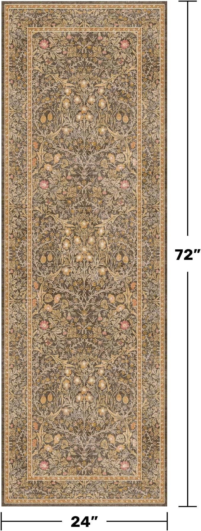 Washable Runner Rug Non Slip 2x6, Gold Brown Runner Rug for Kitchen, Bathroom, Entryway, Hallway, Laundry Room, Bedroom Bedside, Vintage Floral Stain Resistant Soft Low Pile Carpet