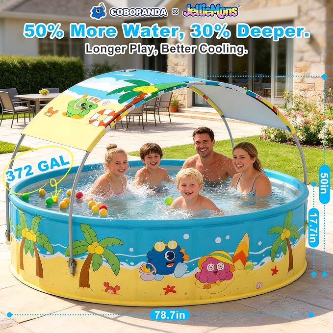 Foldable Swimming Pool with Canopy for Kids 78.7"x17.7" Hard Plastic Portable Dog Pool Anti-Slip Collapsible Large Kiddie Pool Indoor Outdoor Backyard (JellieMons 79'')