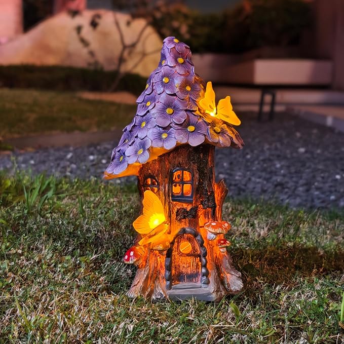 COWOS Mushroom House Statue, Garden Decor Outdoor Solar Statues, Solar Garden Statue Lights, Fairy Garden Decorations, Mushroom Fairy House Figurine with Butterflies and Flowers for Yard Decor