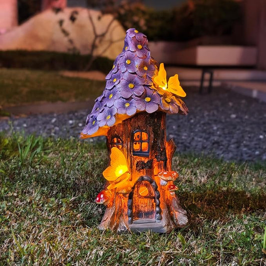 COWOS Mushroom House Statue, Garden Decor Outdoor Solar Statues, Solar Garden Statue Lights, Fairy Garden Decorations, Mushroom Fairy House Figurine with Butterflies and Flowers for Yard Decor