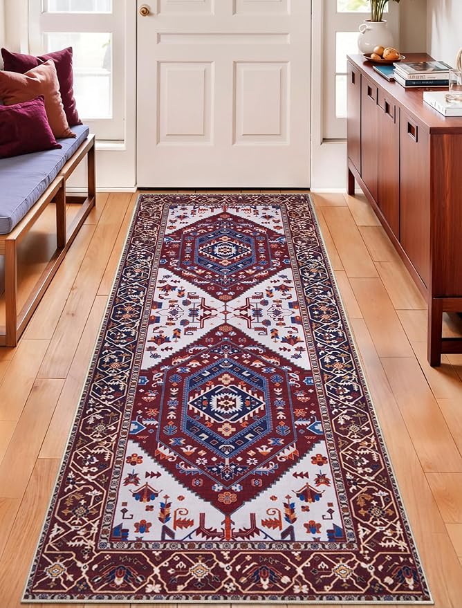 SERISSA 2x5 Washable Non Slip Boho Runner Rug for Hallway | Ultra Soft Vintage Oriental Carpet Low-Pile Burgundy Navy Floor Carpet for Kitchen Bedroom Bathroom Laundry Living Room