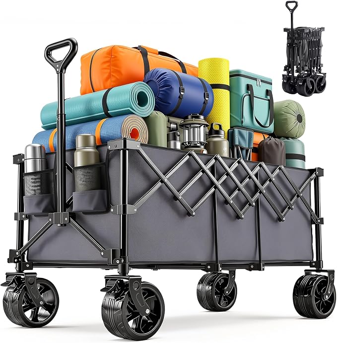 OLIXIS Collapsible Wagon Cart - 440lbs Foldable 49" Extra Long Heavy Duty Utility Wagon with Wheels, Portable Storage Grocery Cart for Camping, Shopping, Sports, Beach, Garden, Grey
