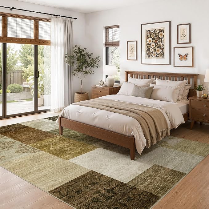 UERMEI 5x7 Area Rug for Living Room - Washable Neutral Modern Abstract Carpet, Non-Slip Soft Large Indoor Floor Rugs for Bedroom Home Office & Under Dining Table Decor, Brown/Green