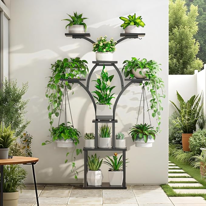Elbourn 8 Tiered 60" Tall Plant Stand Indoor Shelf with Grow Lights (Black) | Corner Shelf Decor