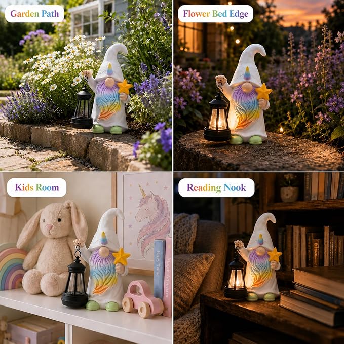 Solar Garden Gnome Statue : Unicorn Outdoor Lantern Decor | Waterproof Resin, Figurine Lights,Yard Lawn Porch Balcony Patio Home Decorations, Gifts for Mom Women Grandma