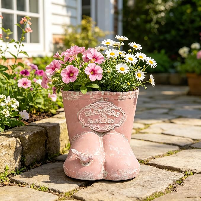 Vintage Distressed Boot Planter, Rustic Flowers & Garden Metal Rain Boot Plant Pot, Farmhouse Succulent Herb Planter for Indoor Outdoor Home Garden Patio Decor (Pink - Small)