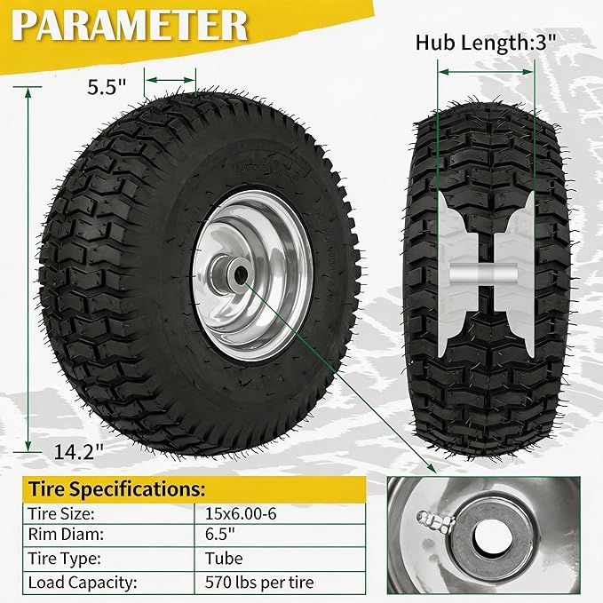 15x6.00-6 Lawn Mower Tire and Wheel, 570LBS Capability, Compatible with J ohn Dee re, C ub Cad et, C raftsman, H usqvarna Riding Tractors and Mowers, 3/4" Bushing, 3" Centered Hub, 2 Pack