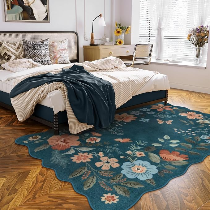Lahome Floral Washable Area Rugs 5x7, Soft Navy Blue Rugs for Living Room | Scalloped Bedroom Ultra-Thin Non-Slip Stain Resistant Throw Boho Carpet for Nursery Classroom Flore, Light, Pink