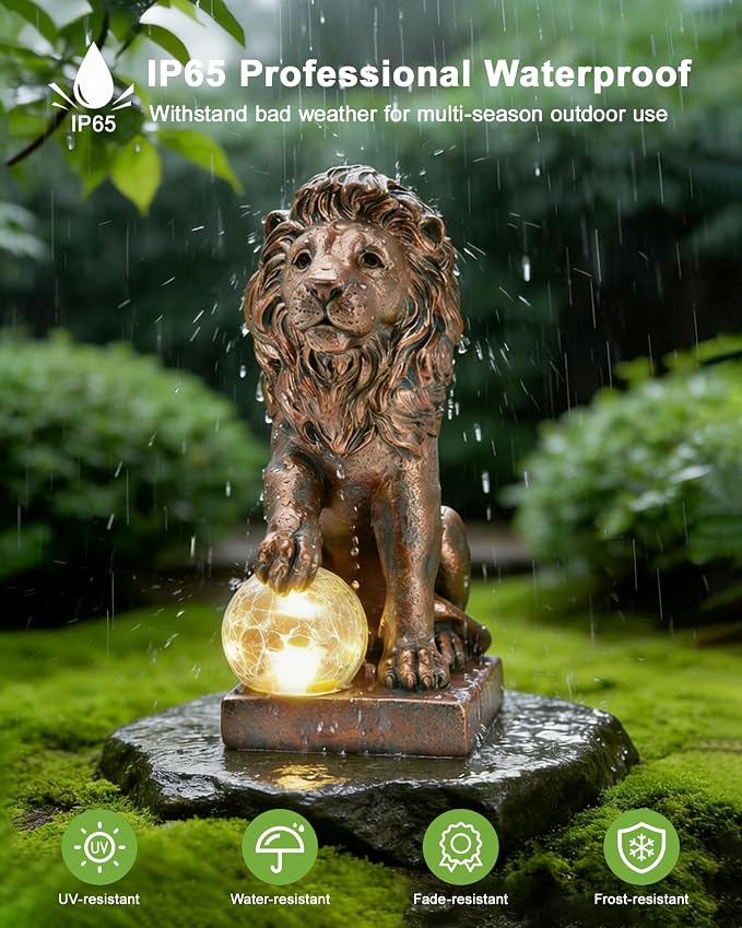 Guardian Lion Outdoor Statues for Garden with Solar Ball (Copper) | 9.45in IP65 Waterproof,Outside Decor, Yard Art Lawn Ornaments, Porch Patio Balcony Home House, Gifts for Mom Grandma Women