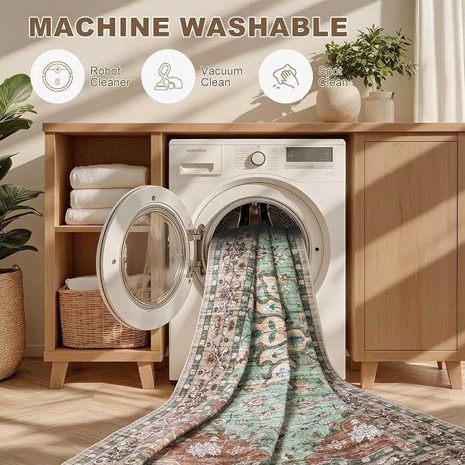 8x10 Area Rugs Living Room: Washable Rug for Bedroom Brown Green | Boho No Slip Stain Resistant Rug Soft Indoor Decor Floor Floral Area Rugs for Dining Room, Nursery, Hallway, Home Office