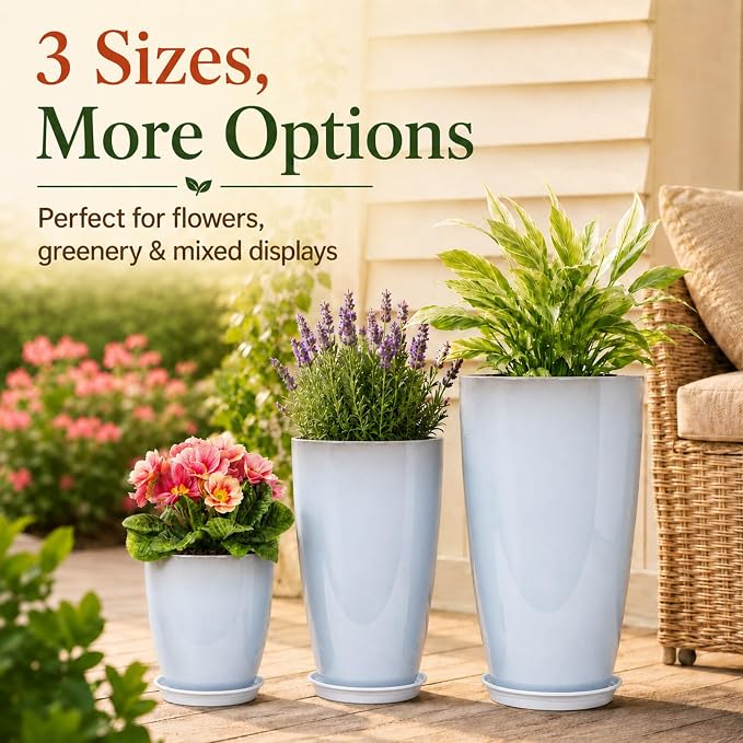 Neoaider Set of 3 Tall Planter, 24/21/12in Large Plastic Planter, Off White | Ceramic-Look, Lightweight, Built-in Drain Hole, Saucers, Tall Outdoor Planter for Porch, Garden, Patio, Balcony