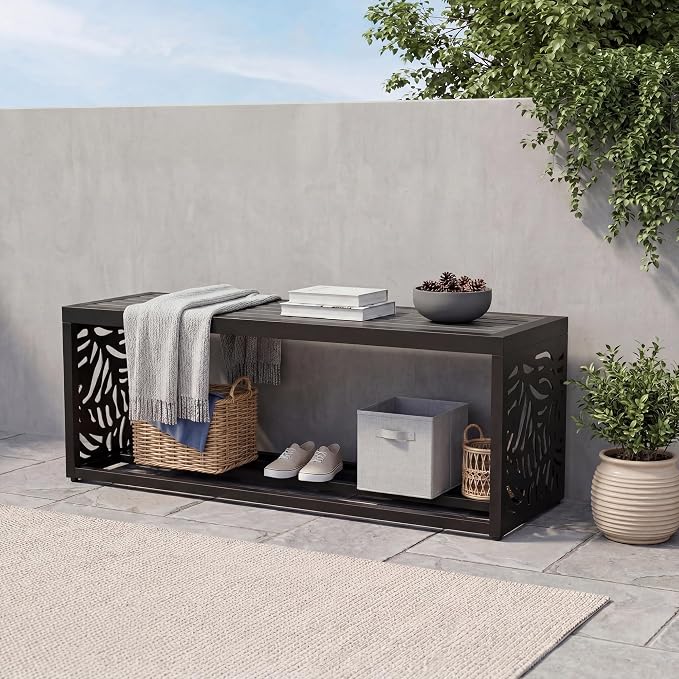 47" Outdoor Garden Bench with Storage Shelf, Modern Black Entryway Bench, Wood-Grain HDPE Seat, Galvanized Steel Frame with Powder Coating for Porch, Yard, Patio, Summer