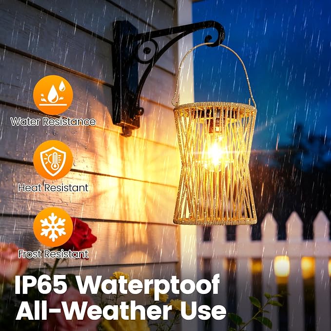 Solar Lanterns Outdoor Waterproof 1 Pack, Upgraded Rattan Hanging Solar Lights for Outside with Handle, Bright Auto On/Off Decorative Outdoor Lanterns for Patio Garden Yard Porch, Gifts for Mom