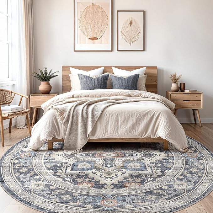 Round Washable Area Rug 8ft, Boho Vintage Distressed Oriental Medallion, Neutral Blue, Thin Carpet for Living Room Bedroom Home Office Decor -Blue