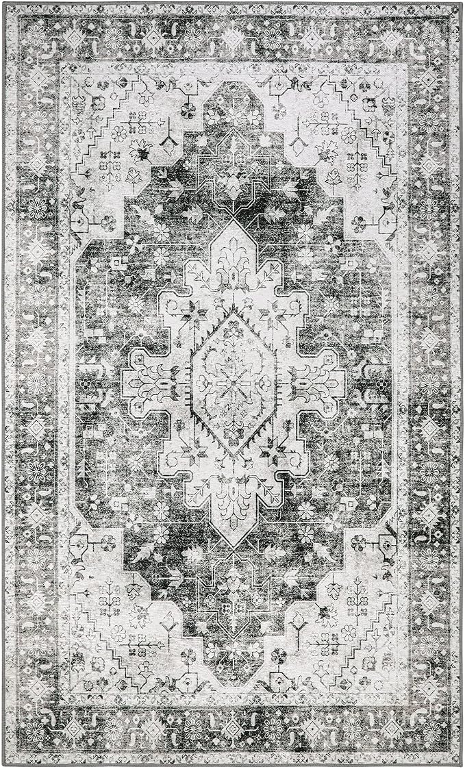 Moynesa Ultra-Thin Washable Area Rug - 3x5 Gray Entryway Rug Stain Resistance Kitchen Mat, Non Slip Non Shedding Pet Friendly Vintage Bathroom Carpet for Indoor Bedroom Living Laundry Room