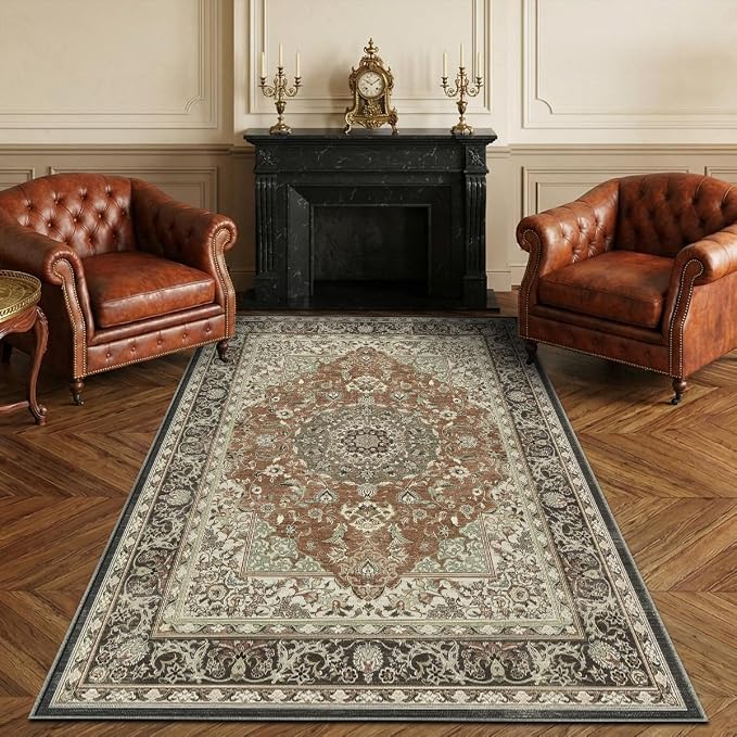 Washable 4'x6' Vintage Area Rug for Bedroom Living Room | Farmhouse Carpet For Bedroom Kitchen Office Hallway Entryway Printed Pattern Non-Slip Soft Stain-Resistant Easy To Clean