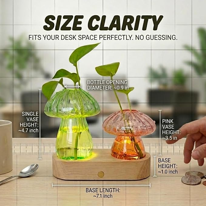 LED Mushroom Glass Propagation Vase with Wooden Base, Hydroponic Plant Holder, Ambient Night Light for Desk, Bedroom & Living Room, Cute Home Decor Gift for Plant Lovers