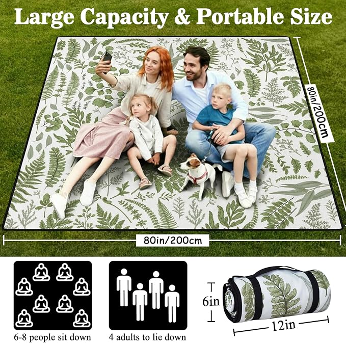 Picnic Blankets Waterproof Foldable Extra Large,80"x 80" Outdoor Beach Blanket Sandproof,3-Layer Lightweight Handy Mat Tote Picnic Camping Rugs for Outside Your Rv (Botanical Fern Plant)