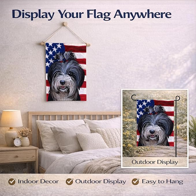Caroline's Treasures CK6740GF Tibetan Terrier American Flag Garden Flag Mailbox Flag Decorative Yard Flag Banner Outside Patio Artwork Yard Flower Beds, Garden Size, Multicolor