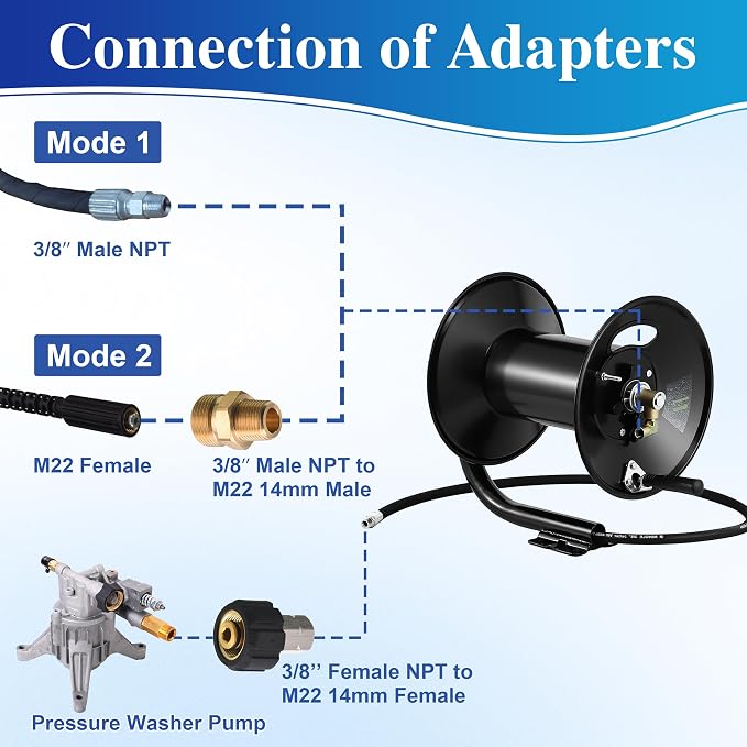 M MINGLE Pressure Washer Hose Reel 200ft x 3/8" / 350ft x 1/4", 4000 PSI | Heavy Duty Steel Hose Reel, Manual Crank Power Washer Hose Reel with Swivel Arm, 3/8" NPT Outlet Pipe