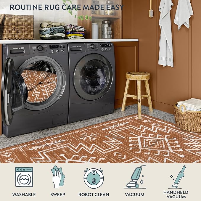Lahome Vivienne 8x10 Boho Rugs for Living Room, Washable Western Burnt Orange Large Area Rug for Bedroom Dining Room, Soft Stain Resistant Aztec Carpet Fall Rug for Guestroom Office