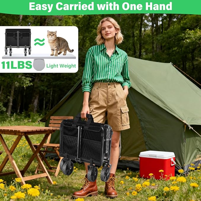 Collapsible Wagons Carts Foldable Wagon,360lbs Folding Wagon Cart with Wheels, Lightweight Foldable Cart with Drink Holders for Camping Picnic Grocery Shopping Garden Travel Sports