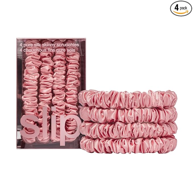 Slip Silk Hair Ties — Skinny Silk Rose Scrunchies, No Damage, No Crease, Anti-Breakage |100% Mulberry Silk | All Hair Types | Made with Proprietary Slipsilk™ | Set of 4