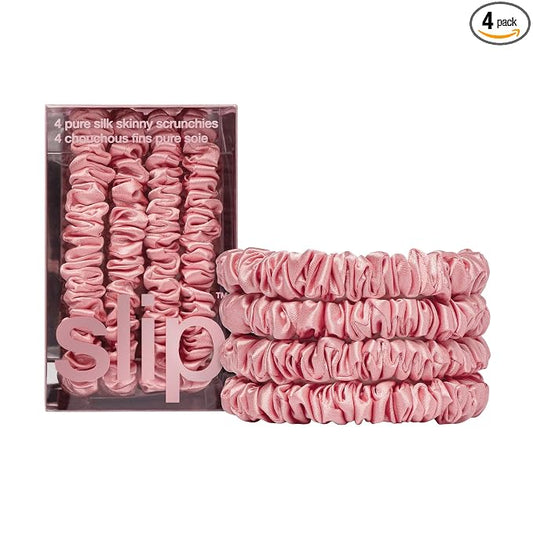 Slip Silk Hair Ties — Skinny Silk Rose Scrunchies, No Damage, No Crease, Anti-Breakage |100% Mulberry Silk | All Hair Types | Made with Proprietary Slipsilk™ | Set of 4