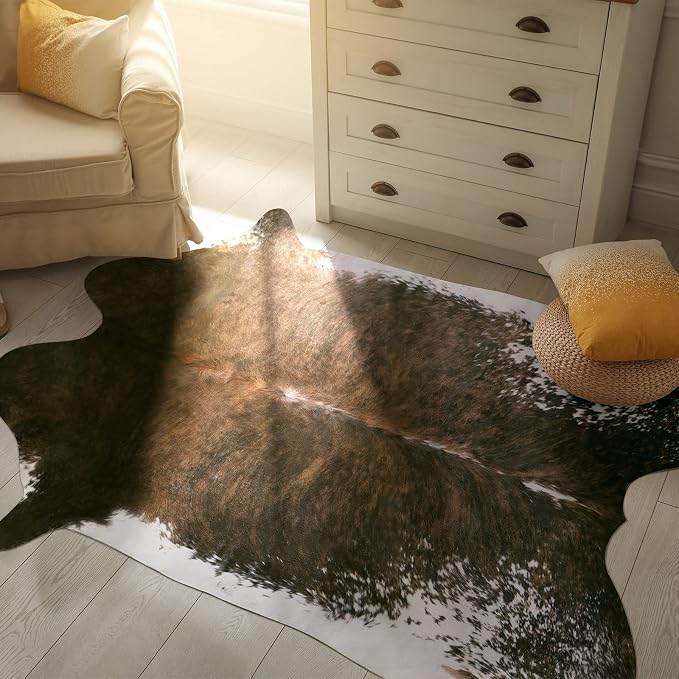 BENRON Faux Cowhide Rug, Cow Print Rug for Living Room Bedroom 6.2x7ft | Western cow hide rug for Cowboy Cowgirl Home Decor, Washable Rugs with Irregular Animal Skins and Hides Non Slip, Olive Green