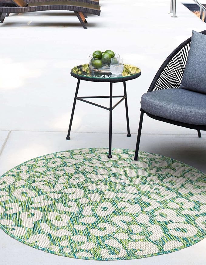 Unique Loom Outdoor Safari Collection Area Rug - Leopard (3' Round, Green Blue/ Ivory)