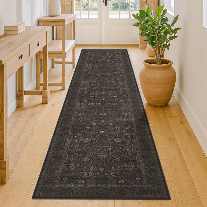 Dark Brown Washable Non Slip Hallway Runner Rug 2'6"x12' - 12ft Extra Long Kitchen Runner Rugs Farmhouse Entryway Indoor Décor Botanical & Sunflower Accents Low Pile Stain Resistant