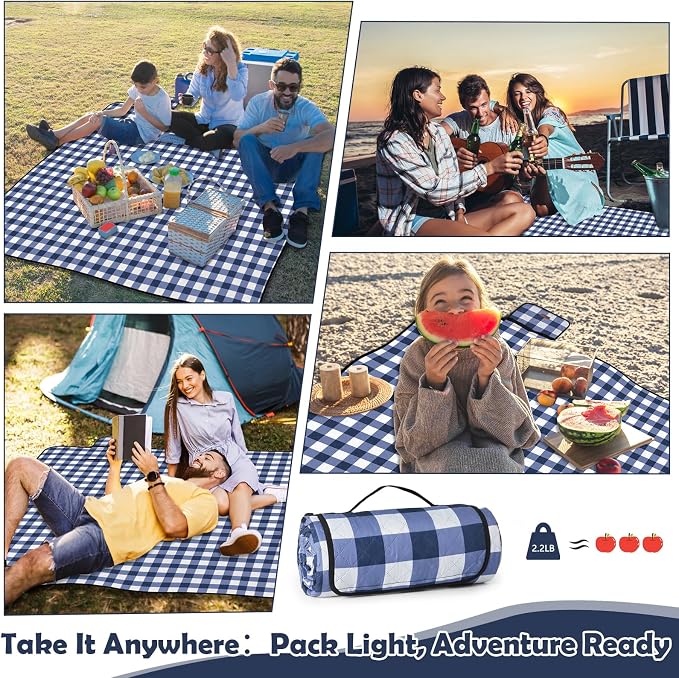 Picnic Blankets Waterproof, Extra Large Picnic Mat 79"X79", Sandproof Washable Camping Beach Blanket, Camping Accessories for Outdoor Activities, Blue