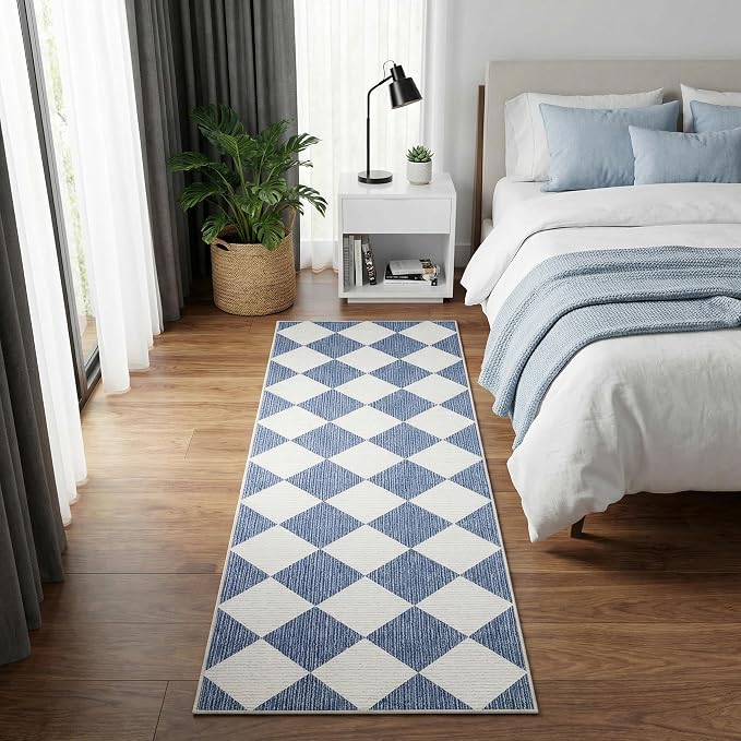 GarveeHome Checkered Rug Runners Hallway 2x6 Navy Blue Kitchen Runner | Non Slip Soft Diamond Print Entryway Rug Thin Laundry Mat Stain Resistant Carpet for Bedroom Bathroom Beside