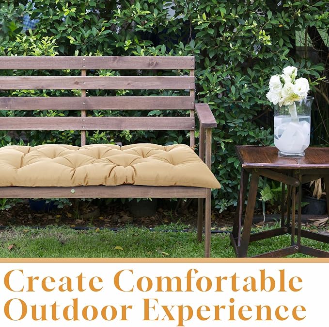 Wenqik Outdoor Bench Cushion 48 x 20 x 3 Inch Waterproof Patio Swing Cushion with Removable Zippered Cover Adjustable Ties Seat Pad for Porch Bench Garden Loveseat (Beige, Classic)