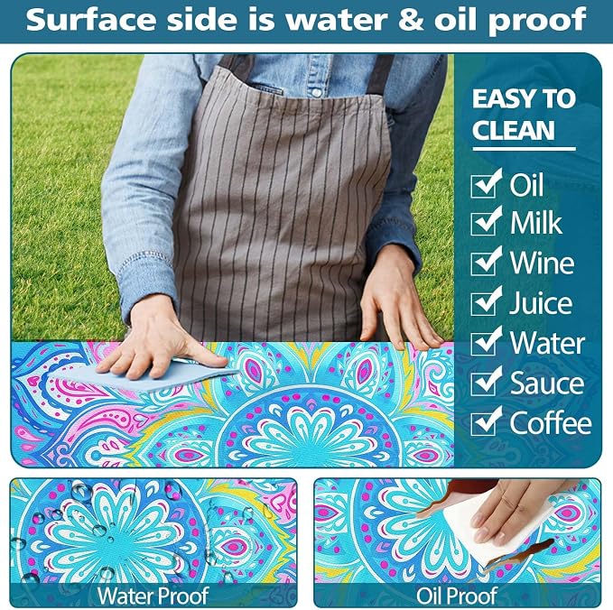 Picnic Table Covers with Bench Covers Boho Pattern Camping Tablecloth Fitted Picnic Table Cover with Elastic Windproof Waterproof Fabric, Outdoor Camping Accessories Gifts for Men Women, 96In 3PCS