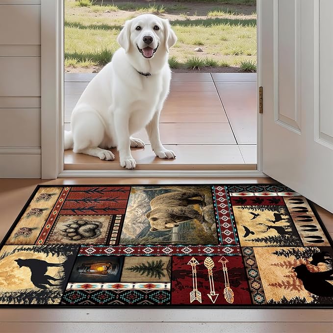 Rustic Cabin Area Rug 2x3 for Living Room, Bear Deer Print Mat, Western Animal Decor Non-Slip Low-Pile Machine Washable Door Floor Carpet for Dining Room Bedroom Office