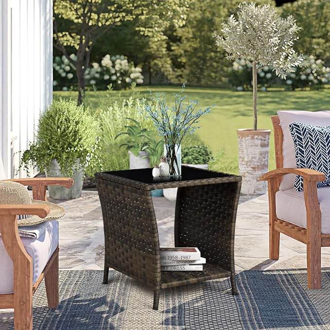 Outdoor Wicker Side Table Rattan Side Tables End Table for Patio with Glass Top Rattan Storage for Patio Garden Balcony