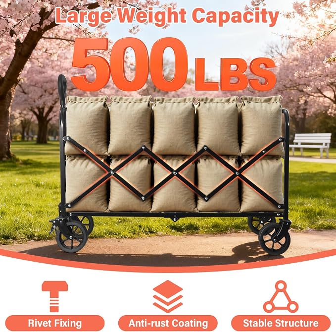 Collapsible Wagon Cart Foldable - Extra Large 500 lbs Capacity Portable Folding Beach Wagon with Wheels - 34'' Extra Long Heavy Duty Utility Cart for Groceries, Shopping, Camping, Sports - Black