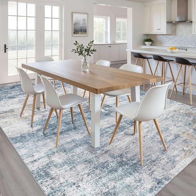 LOONGRUG 8x10 Area Rugs Washable Neutral Modern Living Room Rug Blue Gold | Abstract Soft Stain Resistant Indoor Non-Slip Carpet for Bedroom Nursery Kids Office Playroom Dining Room